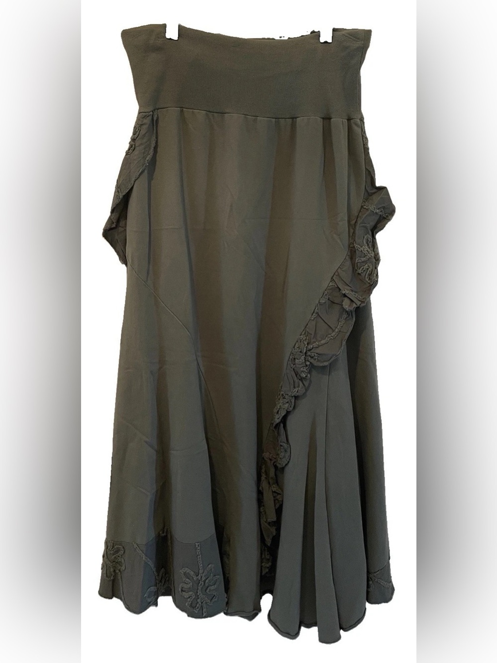 Olive Green Maxi Skirt with Ruffle Trim